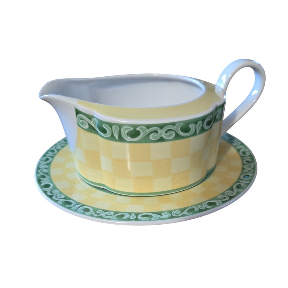 Villeroy & Boch Switch Summerhouse Gravy Boat and Underplate Yellow Green Check